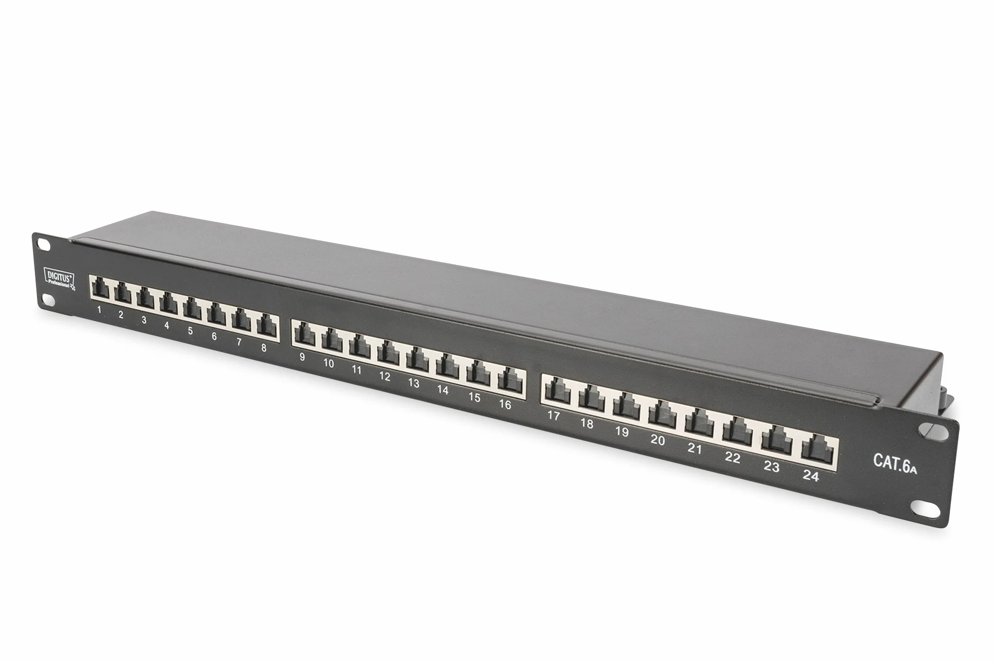 DIGITUS Patchpanel – Cat-6A – 19 Zoll 1HE – 24-Port RJ45 Geschirmt | 10 Gbit/s – PoE+ kompatibel – LSA Patch-Feld – Rack-Montage im Netzwerkschrank – Schwarz
