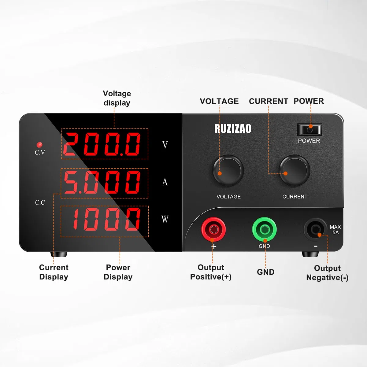 Labornetzteil 200V 5A Labornetzgerät Hochleistungs DC Regelbar Schaltnetzteil 1000W, Labor DC-Stromversorgungen mit 4-stelliges LED-Display Encoderregelung und Ausgangsstabilität