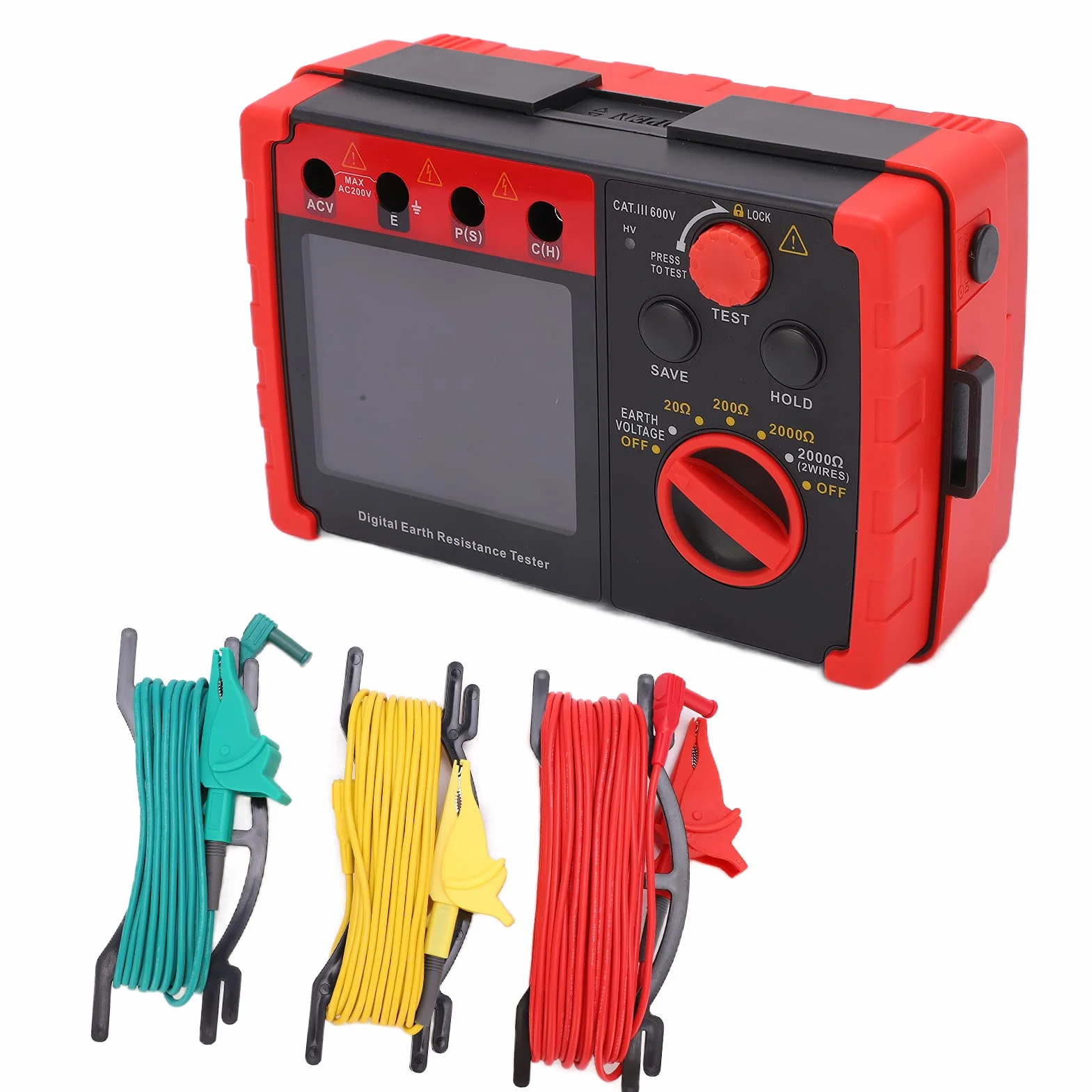 Earth Ground Tester Meter, 2000Ω Digitales Erdungswiderstandsmessgerät mit LCD-Anzeige und Aufbewahrungskoffer, Professionelles Isolationswiderstands-Tester-Kit für Elektrische