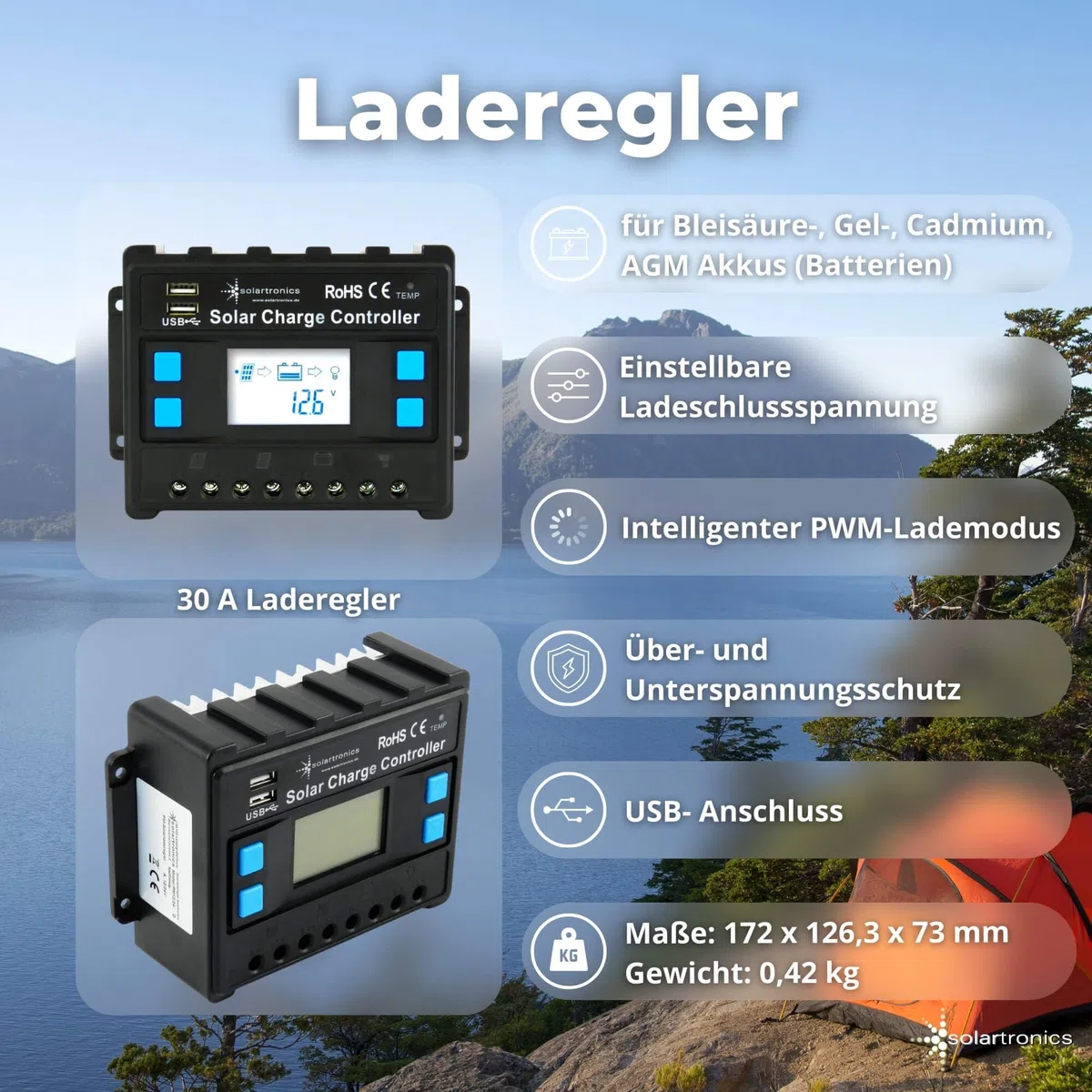 SOLARTRONICS Komplettset 3x120 Watt Solarmodul 1070x585 NM1500 Watt Wandler 30A Laderegler Photovoltaik Inselanlage