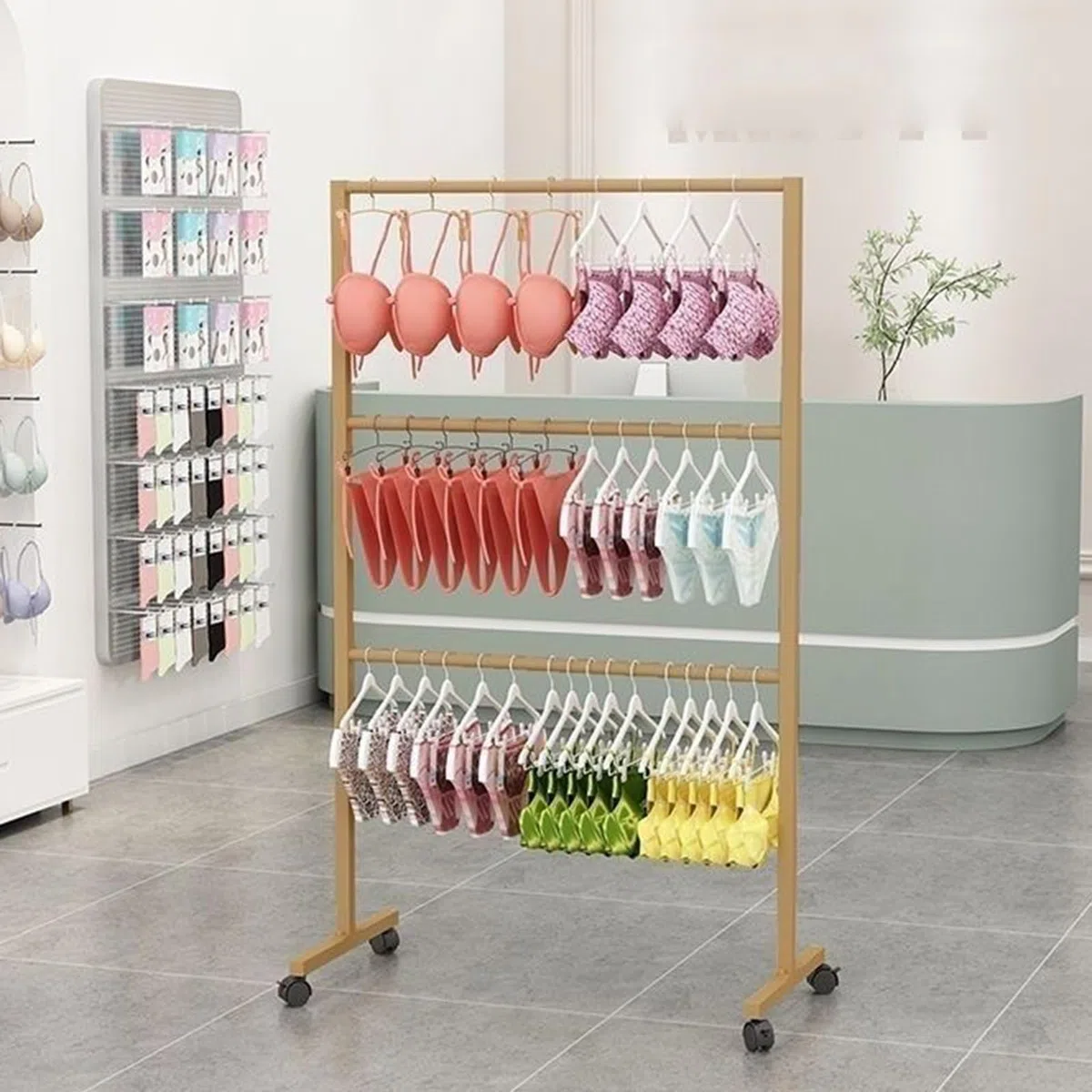 Kommerziell Unterwäsche-aufsteller, 3-stöckiges Kleiderständer mit Rollen für Unterwäsche und Dessous, Robuste Ladeneinrichtung für Boutiquen und Märkte(Yellow,60x40x130cm/24x16x51in)