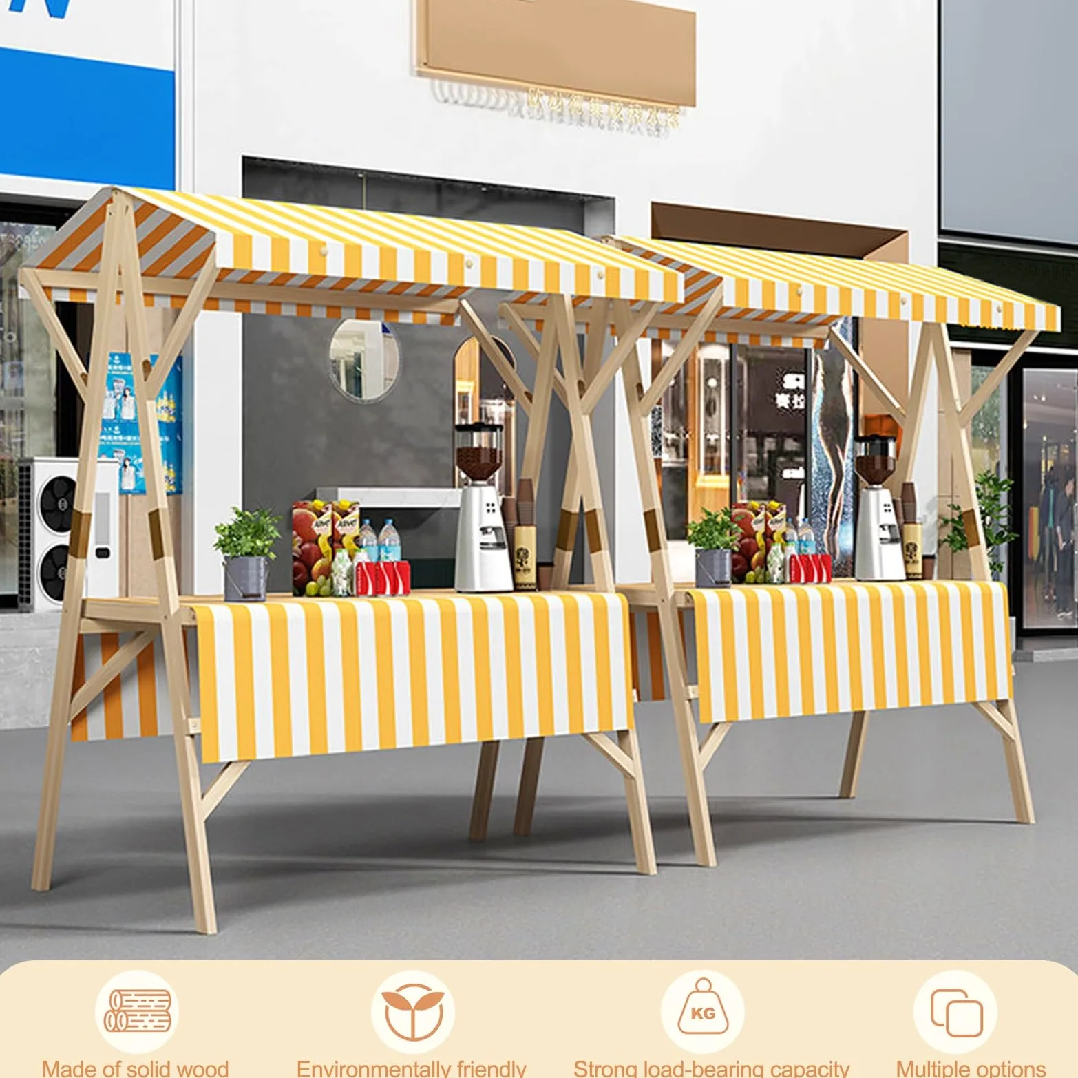 HARELA Marktstand Imbisswagen Aus Holz, Faltbarer Verkaufsstand Mit Vordach, Marktstand-Ausstellungsständer für Outdoor, Verkaufsstand Für Hotdogs, Eis Und Snacks(White,150cm/59in)