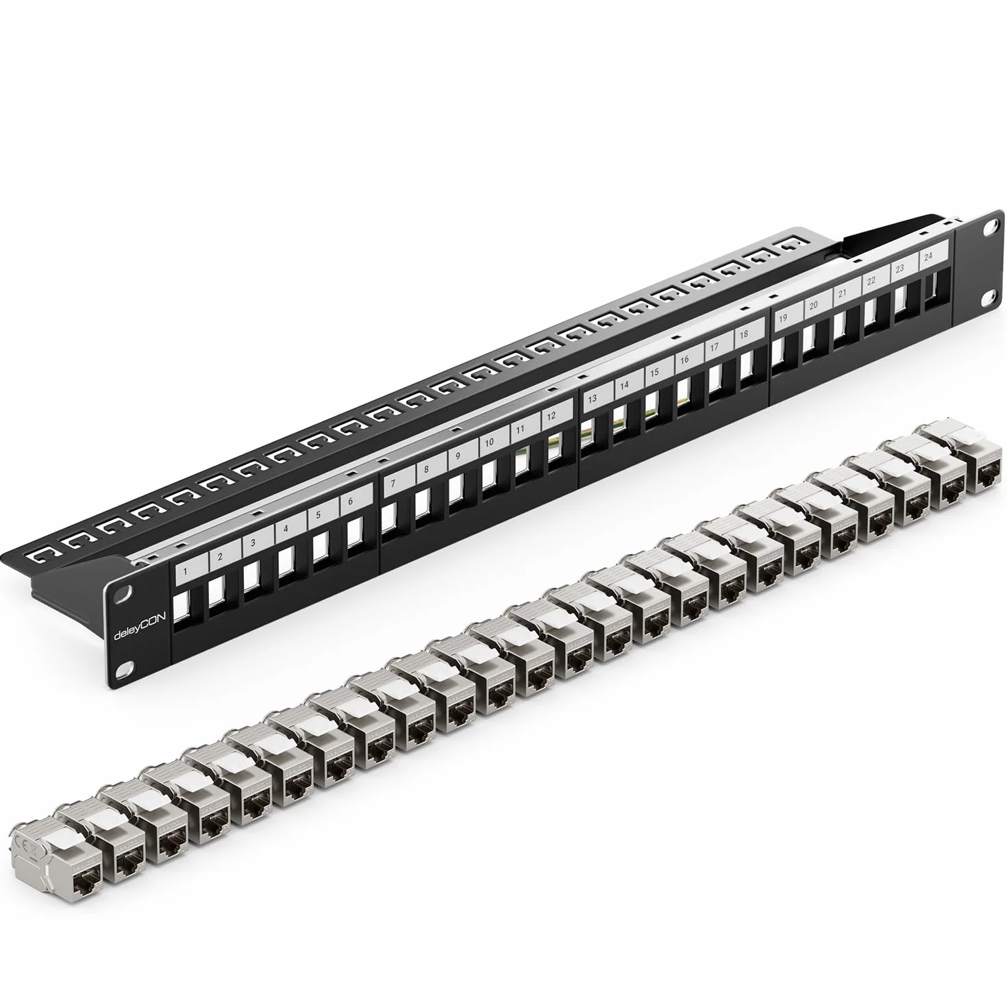 deleyCON 24 Port CAT7 Patchpanel SET Patchfeld Verteilerfeld Modular 1 HE 19" Zoll Rackeinbau + 24x CAT 7 Keystone Module RJ45 LAN Netzwerk 10 Gbit/s 600 MHz Verlegekabel Schwarz