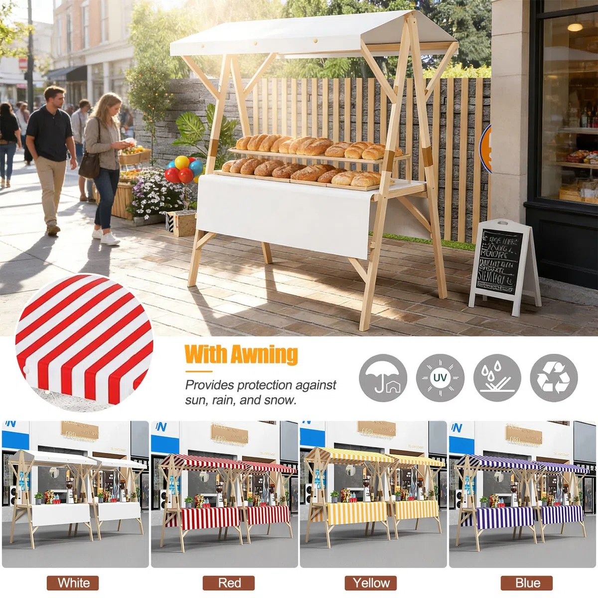 HARELA Marktstand Imbisswagen Marktstand-Display Aus Holz, Tragbarer Lebensmittelwagen für Straße/Bauern Markt, Multifunktionale Außenkonzessionsstand für Handwerksshows(White,150cm/59in)