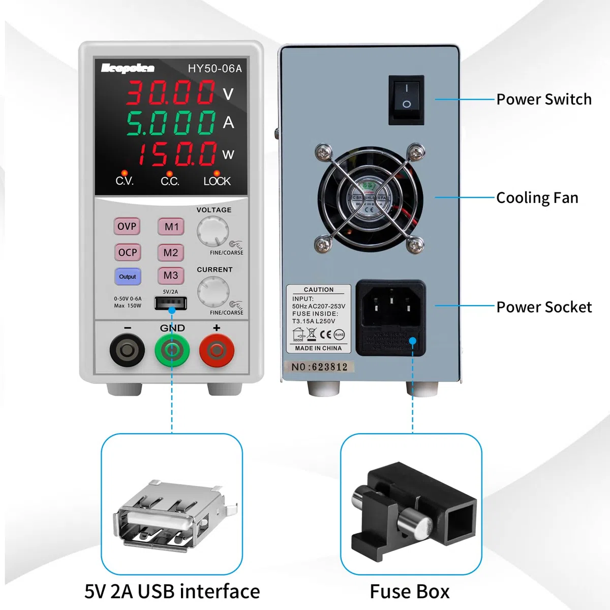 Labornetzteil, Heopoten 50V 6A 150W Programmierbares Labornetzgerät ，Hochpräzises 4-stellige zweifarbige LED Anzeige, 5V2A USB-Ausgang, Alligatorkabeln und Netzkabel