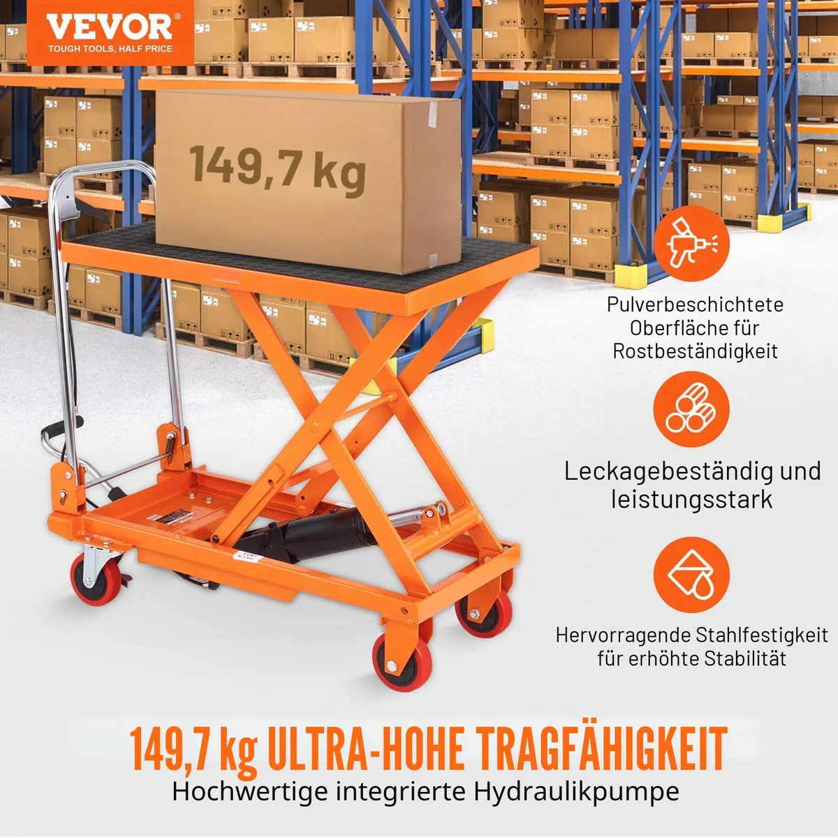 VEVOR Scherenhubtisch hydraulisch 150 kg Tragfähigkeit Hubtischwagen 220–720 mm Hubbereich Hubtisch Werkstatt 700 x 450 mm Plattform Scherenhubwagen Einzelschere für Fabriken Lagerhäuser Supermärkte
