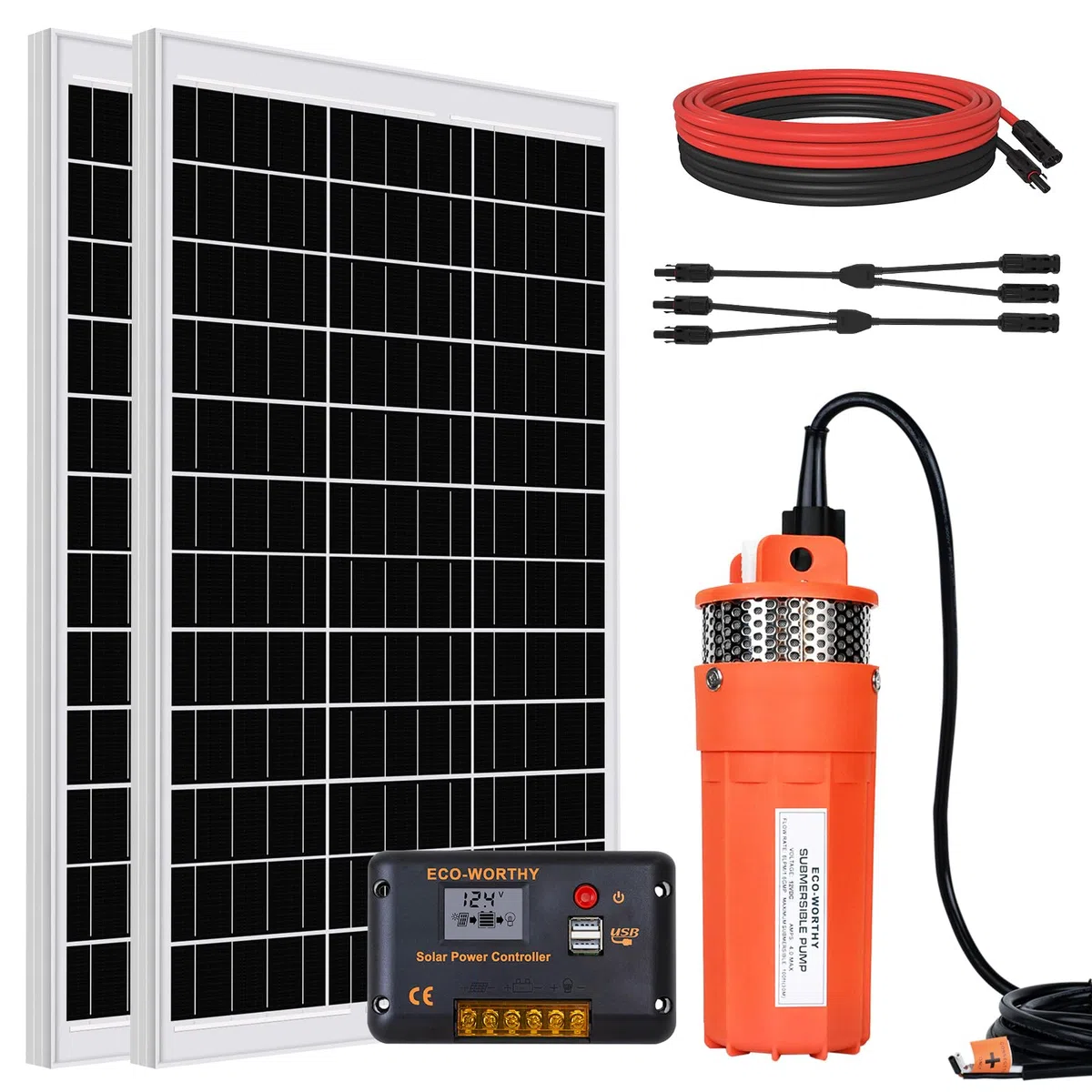 DCHOUSE 200W Solar Tiefbrunnen Tauchpumpen Kit mit 12V Solarwasserpumpe + 2PCS 100W-Solarpanel