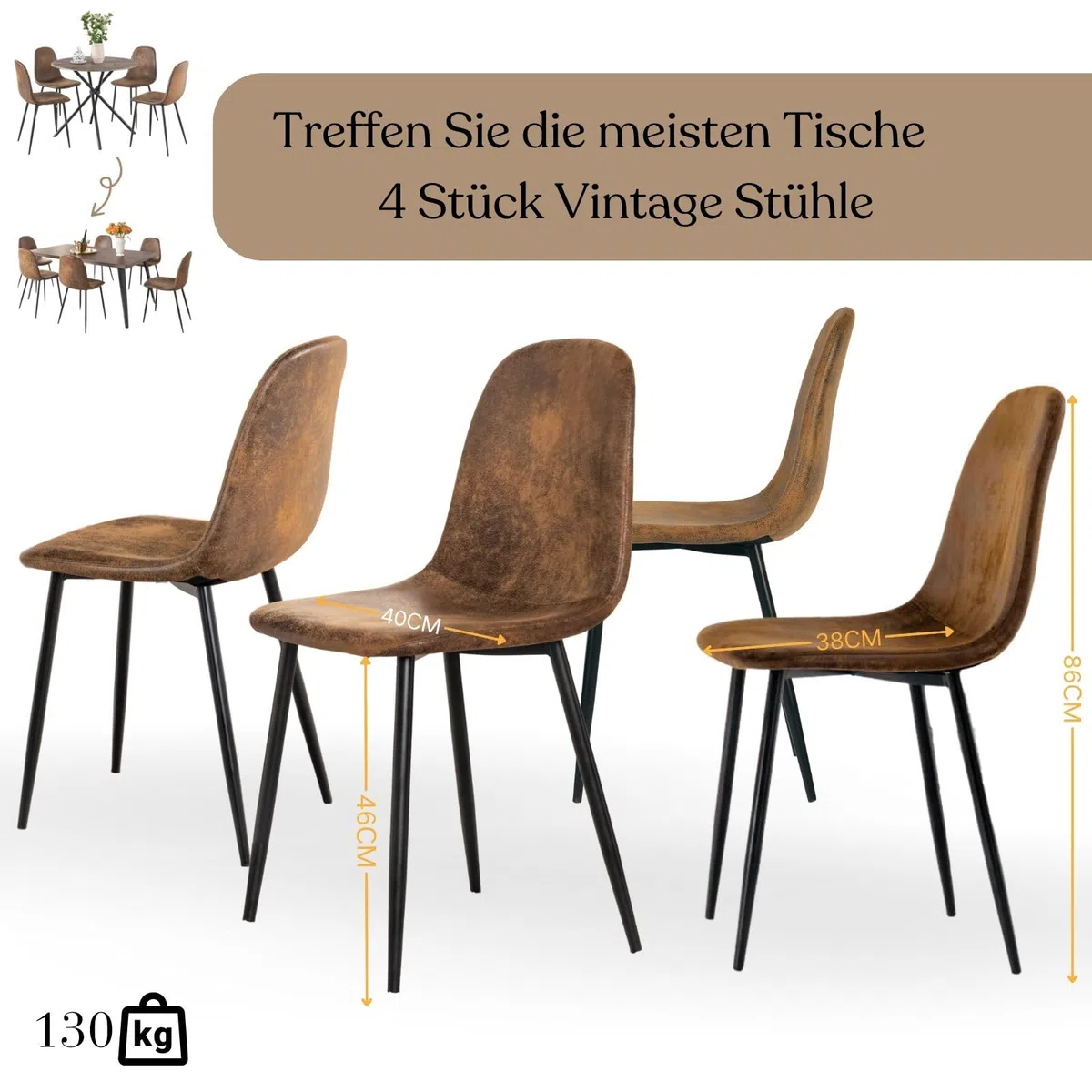 FurnitureR Gastronomie Stuhl Set 4er - Robust, Braun Veloursimitat, Metallkreuzgestell, Feste Höhe, Nicht stapelbar, Für Café & Bistro
