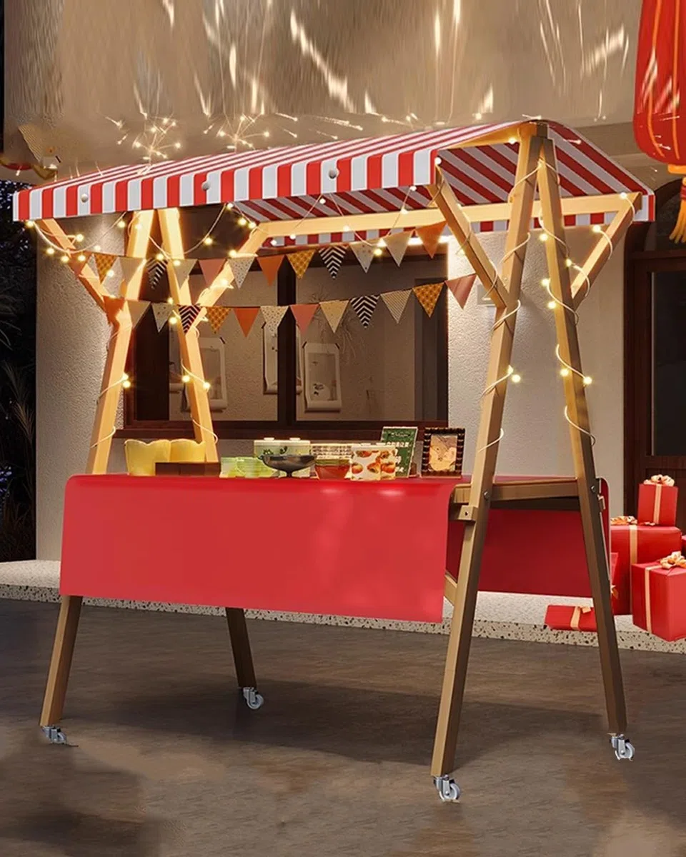 Marktstand Verkaufsstand Faltbarer Imbisswagen mit Rädern für Unternehmen, Süßigkeiten-/Eis-Verkaufsstand, Festivals, Strände, Kioske, Verkaufsstände, Pfahl(Width 150cm(59"))
