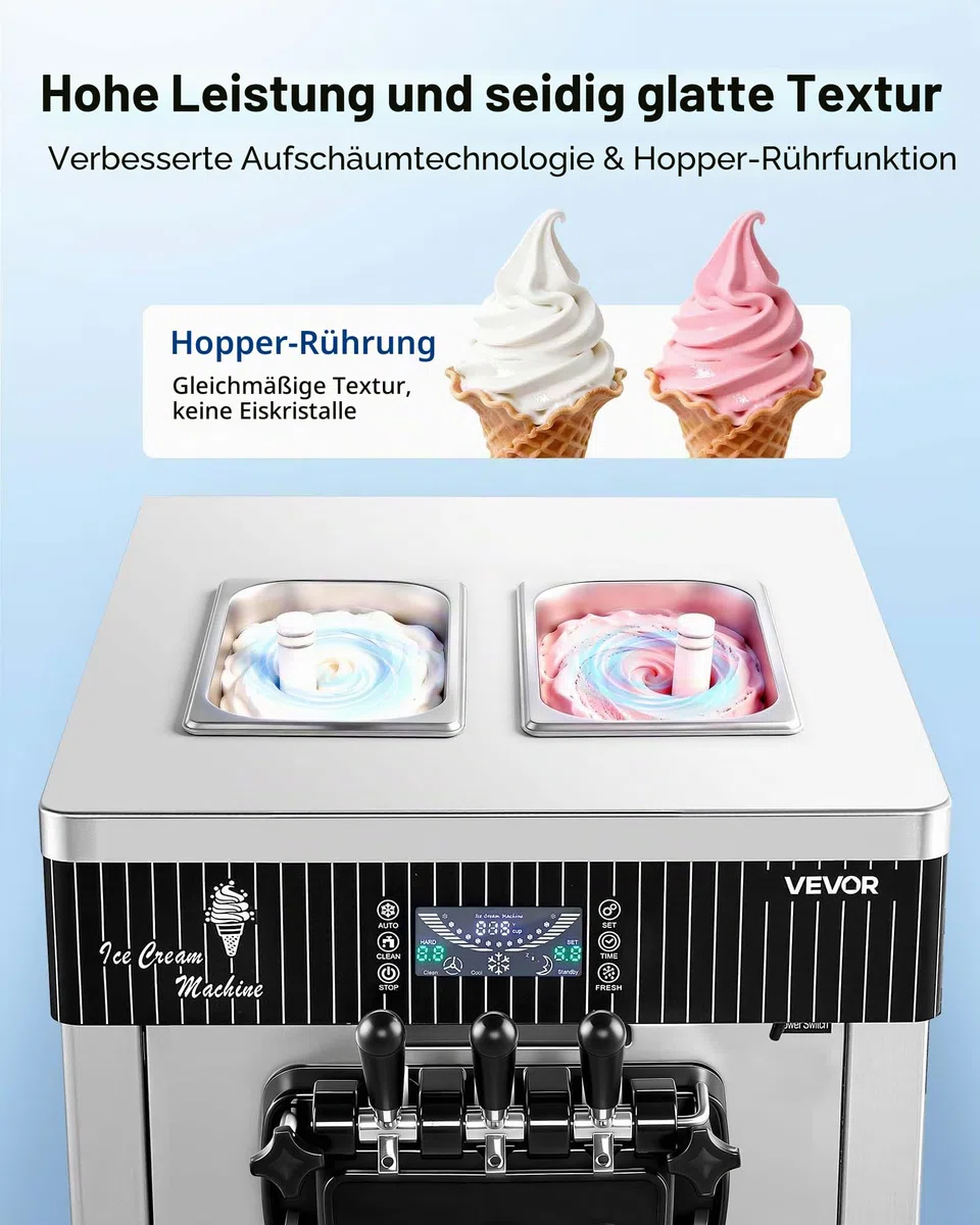 VEVOR Gewerbliche Eismaschine 20-28 L/h Leistung, Softeismaschine 2200 W lmit 2 x Behältern (6 L), Vorkühlung, Selbstreinigung und LED-Display, Tischgerät für Snackbars, Dessertläden und Cafés, Silber