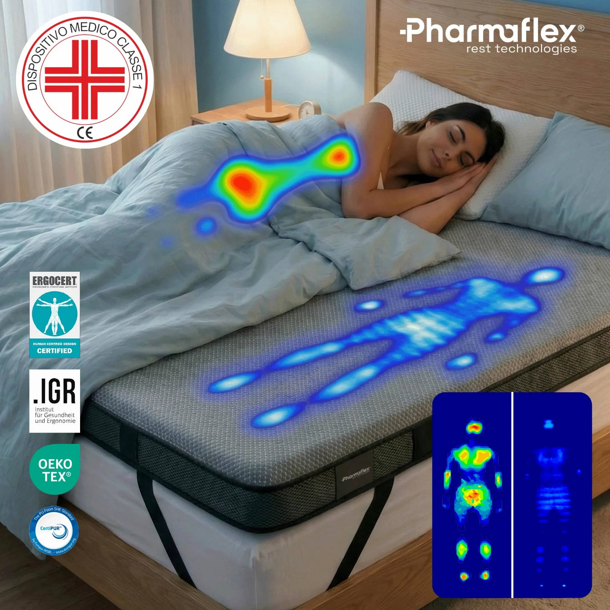 Pharmaflex Topper 160x200cm 6cm Höhe – 7 Zonen Orthopädischer 2-Schichten Memory Foam Topper H3 & H4, Druckentlastend & optimierte Druckverteilung, Abnehmbarer & Waschbarer Bezug, Oeko-TEX