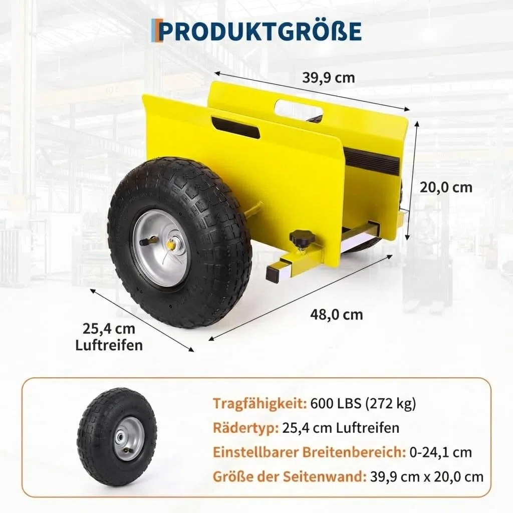 Plattenwagen Platten-Dolly 272 kg Tragkraft Verstellbarer Gipskarton Transportwagen Sperrholz Dolly 25 cm Gummireifen All-Terrain Transport Für Gipskartonplatten Türen, Gelb