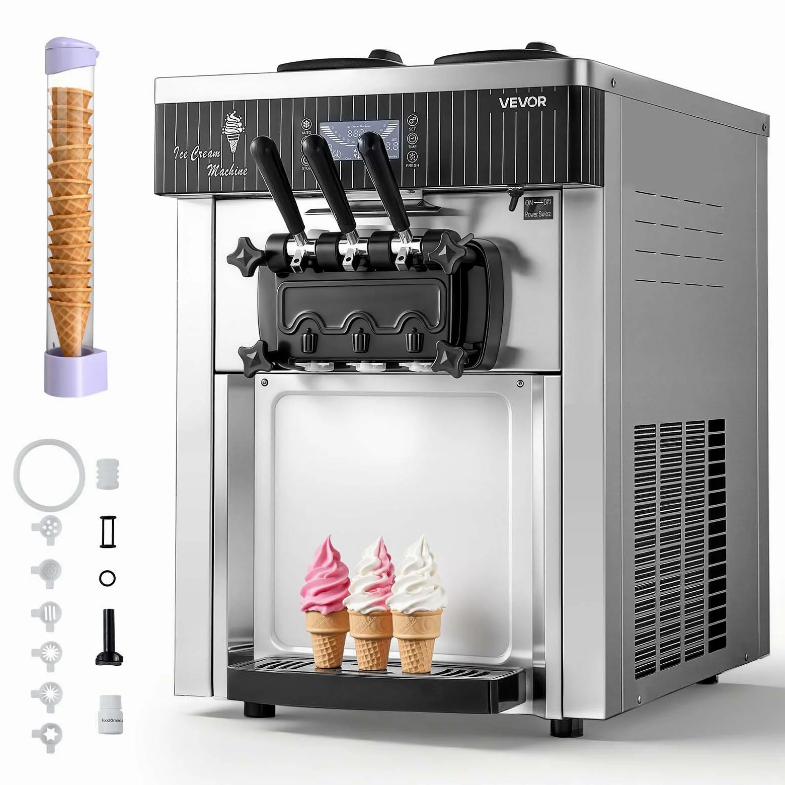 VEVOR Gewerbliche Eismaschine 20-28 L/h Leistung, Softeismaschine 2200 W lmit 2 x Behältern (6 L), Vorkühlung, Selbstreinigung und LED-Display, Tischgerät für Snackbars, Dessertläden und Cafés, Silber