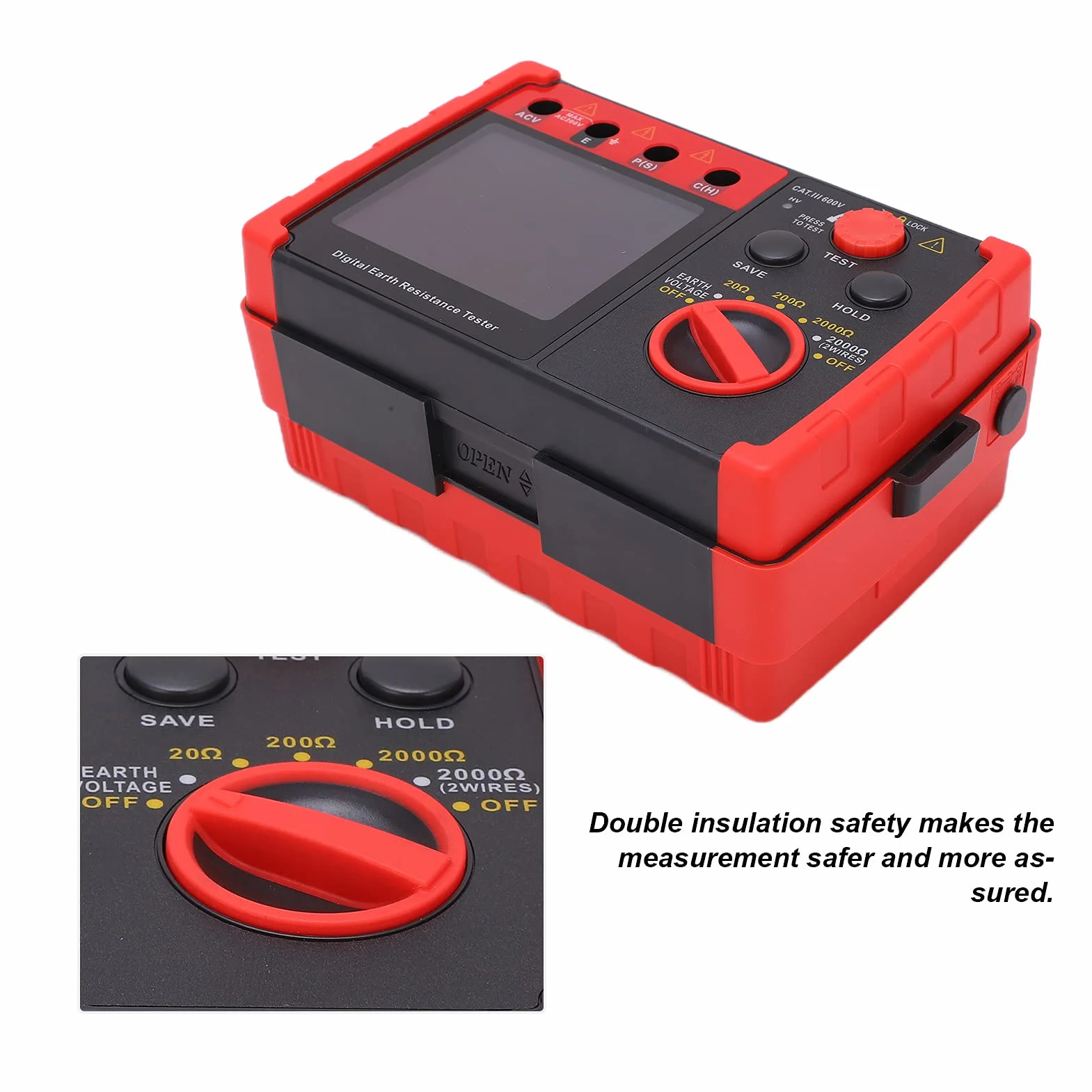 Earth Ground Tester Meter, 2000Ω Digitales Erdungswiderstandsmessgerät mit LCD-Anzeige und Aufbewahrungskoffer, Professionelles Isolationswiderstands-Tester-Kit für Elektrische