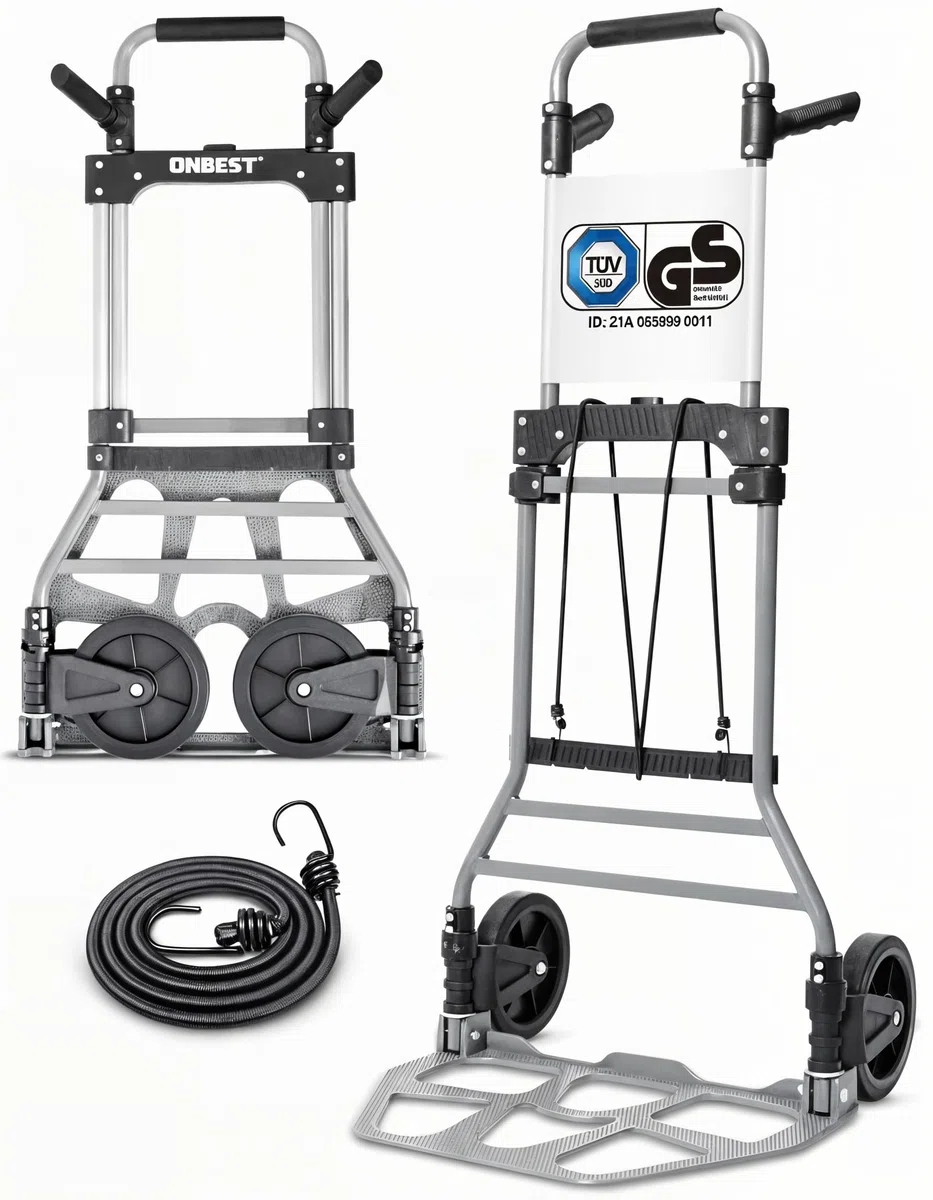 ONBEST Sackkarre klappbar 150 kg – Geprüfte Qualität, Vollgummireifen, 110 cm Griff, große Ladefläche – Faltbare Transportkarre/Trolley mit Rollen inkl. 150 cm Gurt – Umzugshelfer & Transporthilfe