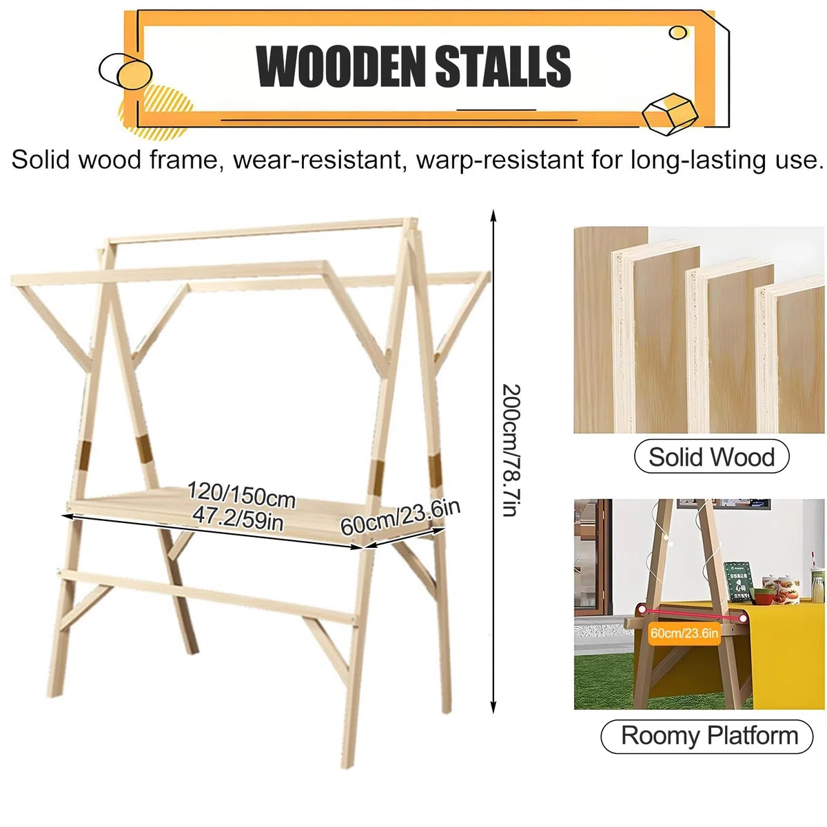 HARELA Marktstand Imbisswagen Marktstand-Display Aus Holz, Tragbarer Lebensmittelwagen für Straße/Bauern Markt, Multifunktionale Außenkonzessionsstand für Handwerksshows(White,150cm/59in)