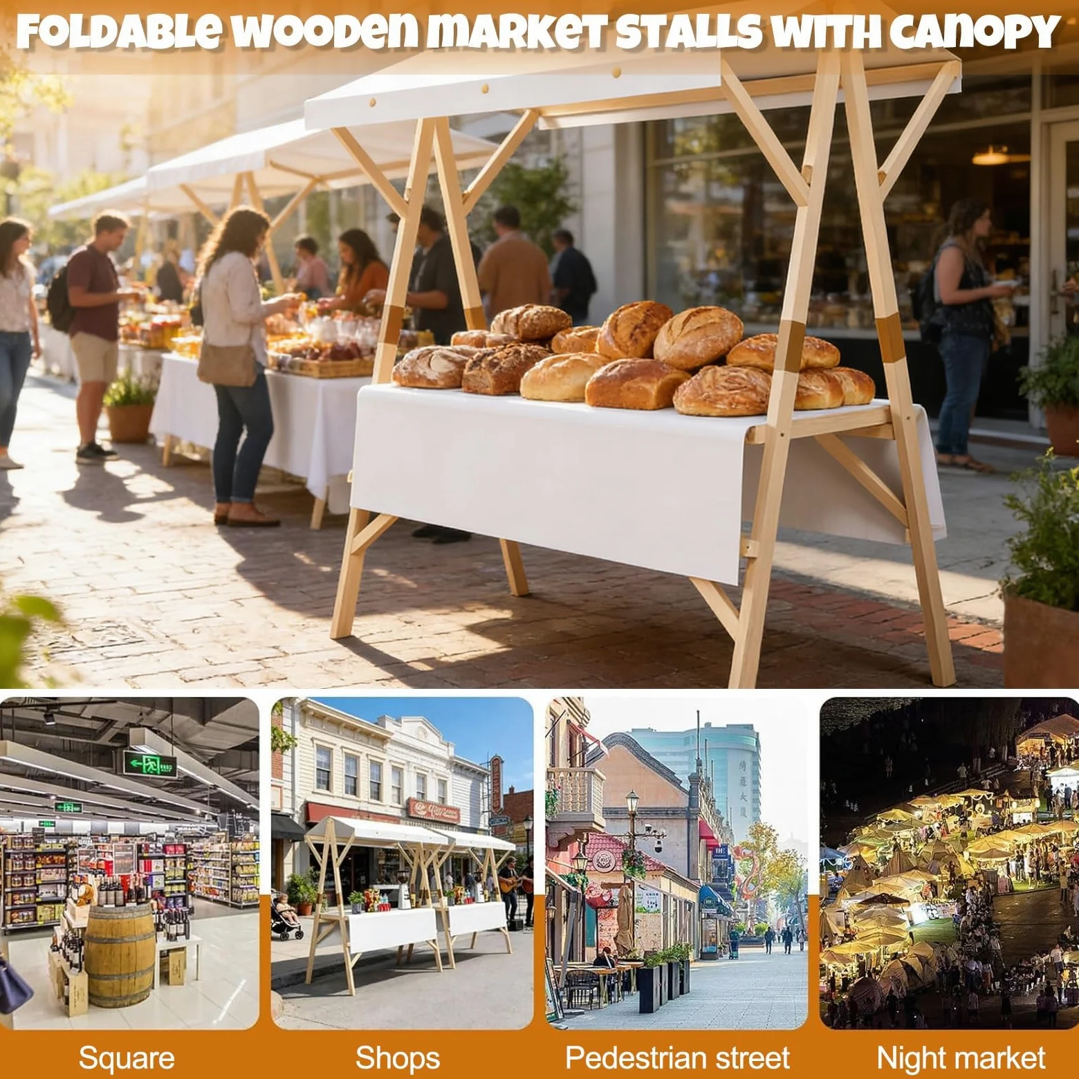 HARELA Marktstand Imbisswagen Aus Holz, Faltbarer Verkaufsstand Mit Vordach, Marktstand-Ausstellungsständer für Outdoor, Verkaufsstand Für Hotdogs, Eis Und Snacks(White,150cm/59in)