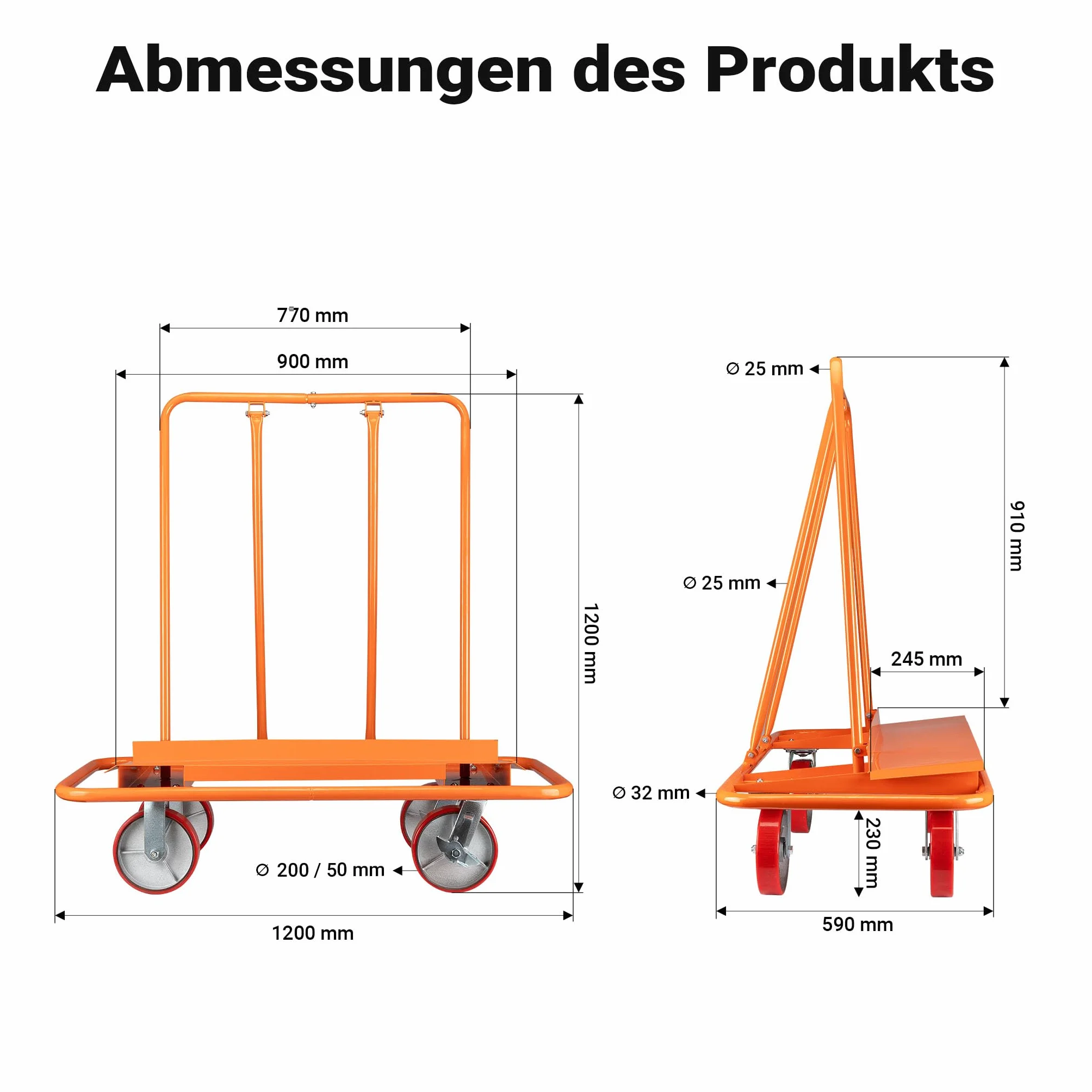Wiltec Plattenkarren bis 1500 kg, Plattentransportwagen 120 x 59 x 110 cm aus Stahl, Plattenwagen zum Transport von Trockenbauwänden, Holz- und Gipskartonplatten, Fenstern u.v.m.