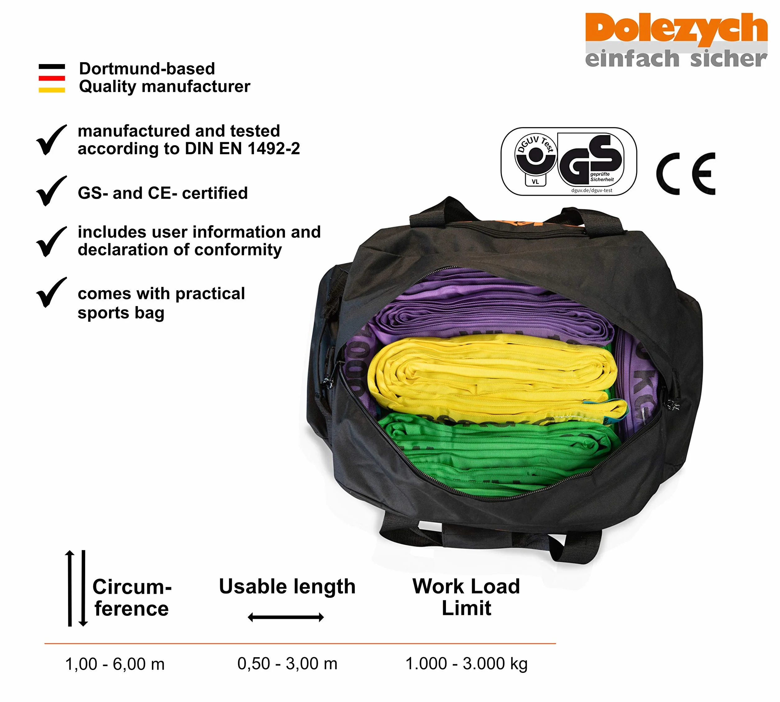 Dolezych Rundschlingen-Set 1000 - 3000 kg Tragfähigkeit, 20-teilig - Violett / Grün / Gelb