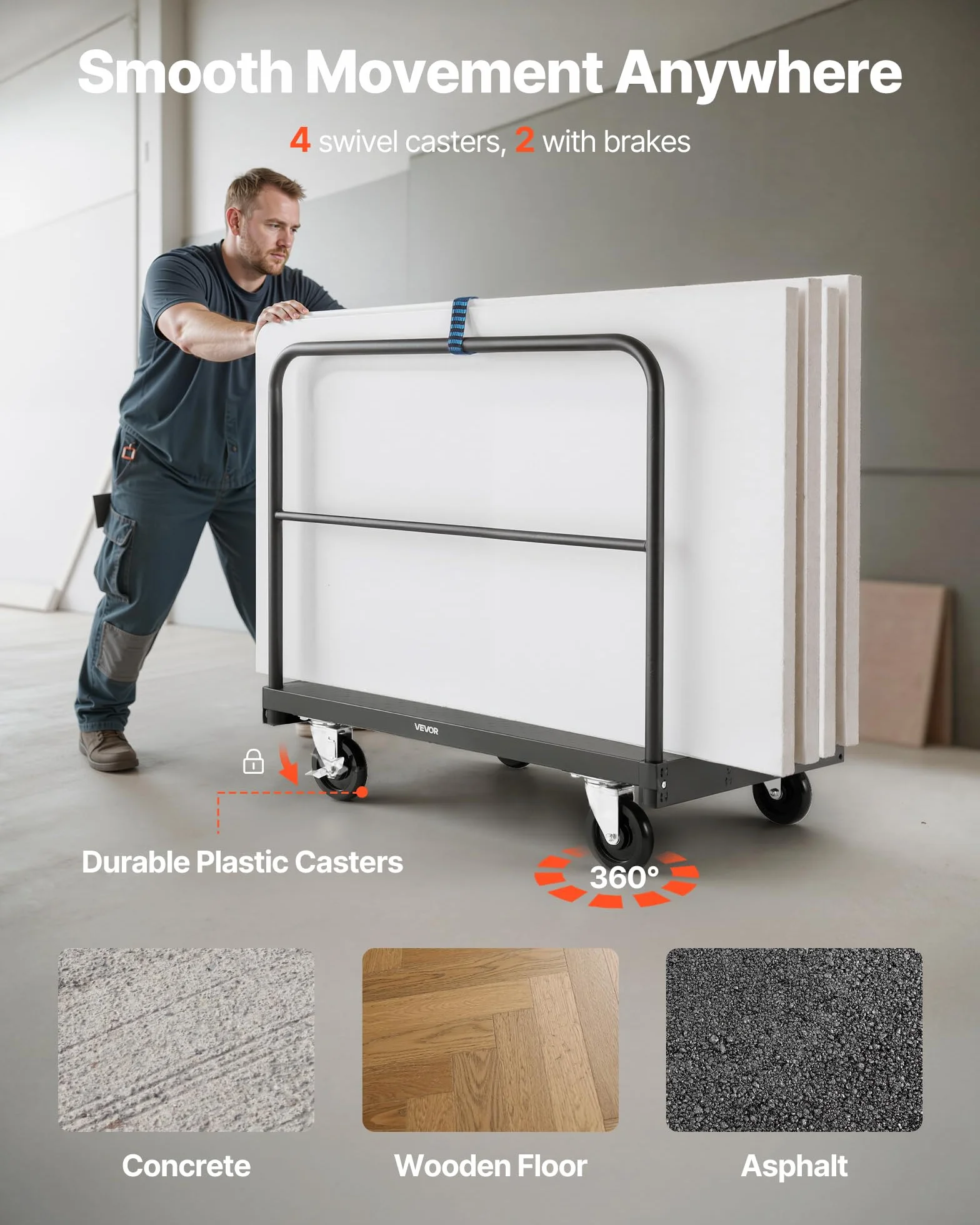 VEVOR Plattenwagen, 816 kg Tragkraft, 2-in-1 Rollenwagen mit 360° Lenkrollen, 914x610 mm Plattformwagen mit 3 seitlichen Handläufen, Transporthilfe für Fabrik, Lager, Garage, Schwarz