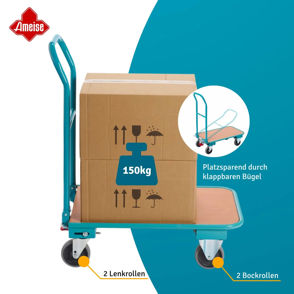 Ameise Transportwagen | 150 kg Tragkraft | HxBxT 94 x 45 x 81,5 cm | 4 TPE-Rollen mit Zentralbremse | stabiles Stahlgestell | stoß- und kratzfester Plattformwagen | klappbarer Schiebebügel
