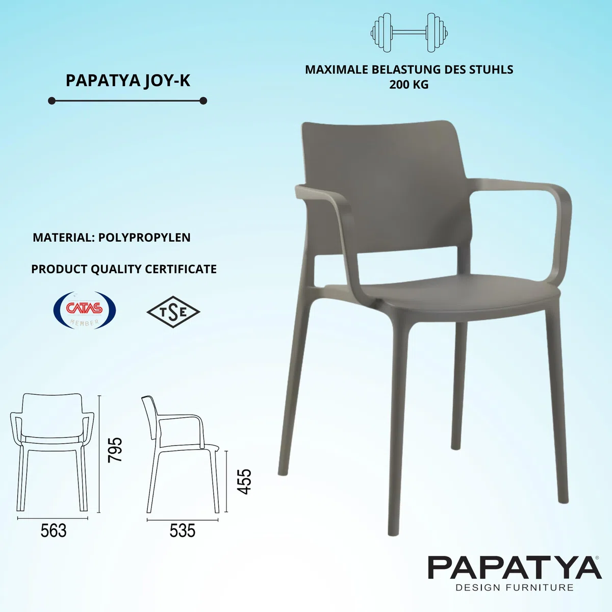 PAPATYA 4er-Set Kunststoffstuhl Joy-K Designstuhl mit Einer Belastbarkeit von 200 kg, Terassenstuhl aus Kunststoff UV beständig, Leichter Stuhl mit Rückenlehne für Balkonstuhl (Grau-braun)