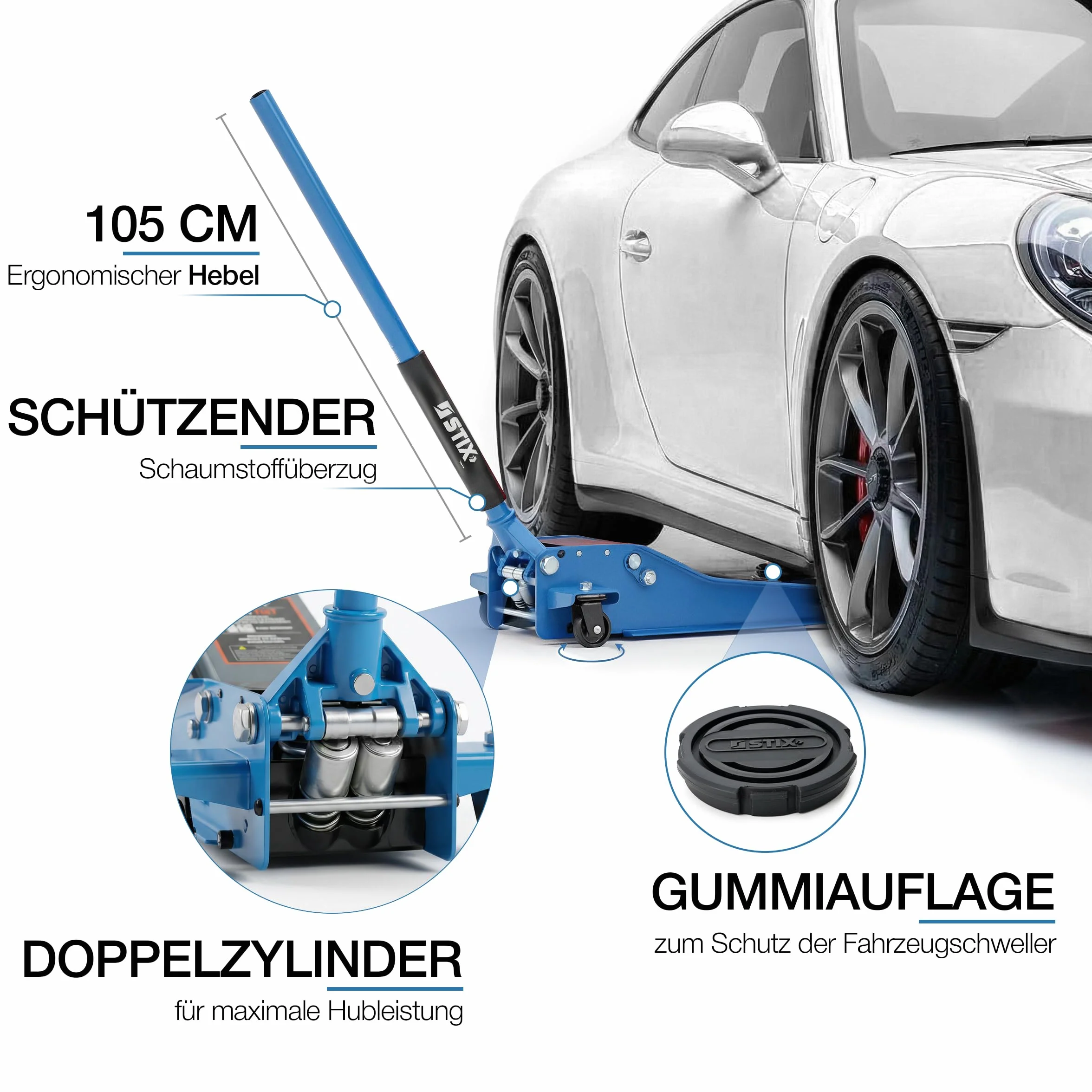 Hydraulischer Rangierwagenheber 3T Extra Flach (75 mm) - Wagenheber für PKW & SUV - Doppelkolben Quicklift, Hubhöhe 75-505 mm - STIX