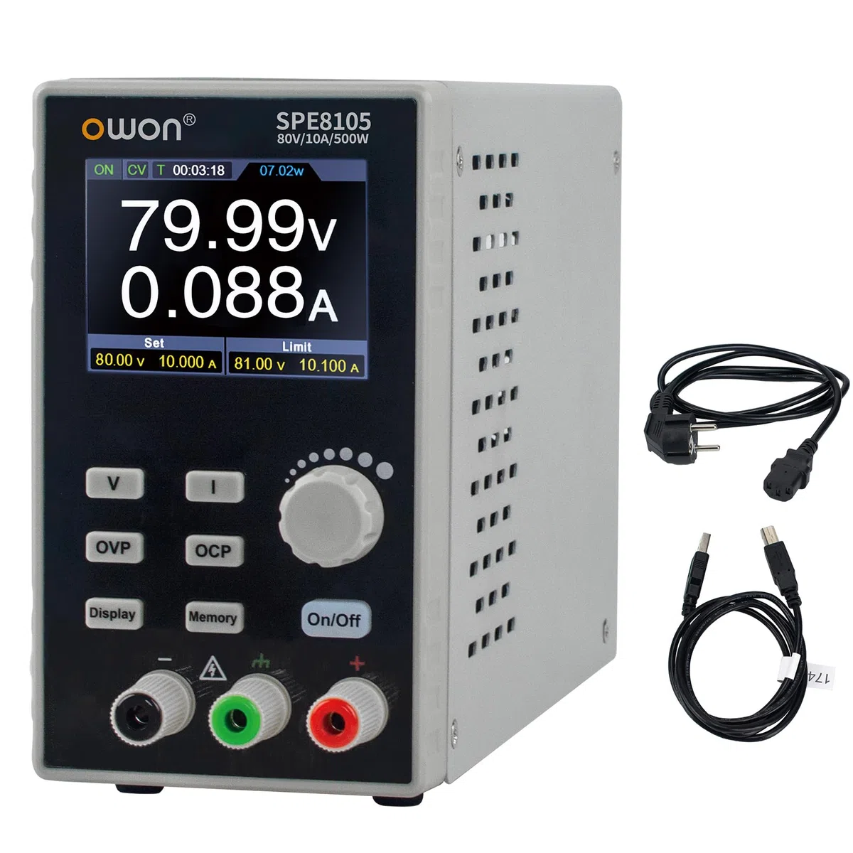 OWON Labornetzteil (0–80 V, 0–10 A), programmierbares DC-Netzteil mit max. 500 W Ausgangsleistung, 2,8-Zoll-LCD-Display und Ausgangs-Aktivierungs-/Deaktivierungstaste SPE8105