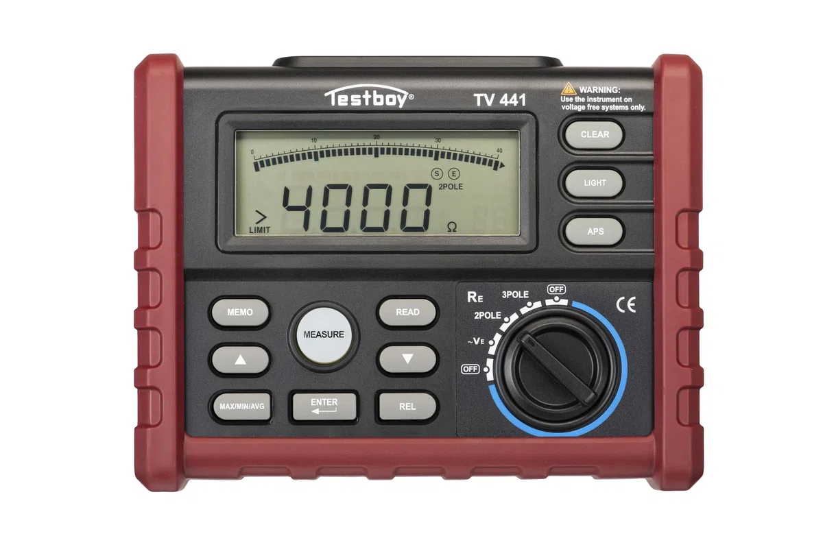 Testboy TV 441 digitales Erdwiderstandsmessgerät, Elektrikerwerkzeug (zur Überprüfung des Erdwiderstandes, Auto-Power-Off, Messwertspeicher für 100 Messwerte, LCD mit Bargraphanzeige), Rot/Schwarz