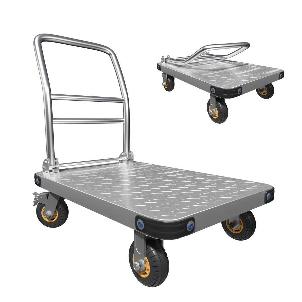Klappbarer Plattformwagen 900 kg Traglast, Transportwagen mit 12,7 cm Bremsrädern, 91x60 cm Rollwagen Klappbar für Lager, Möbel & Haushaltsgeräte, Silber