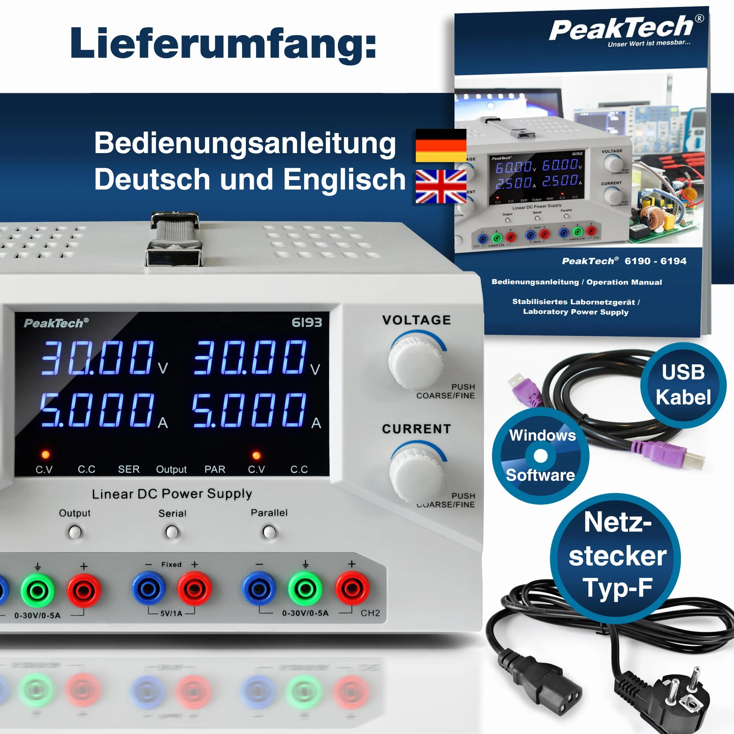 PeakTech 6193-2CH Labornetzteil DC 0-30V 0-5A 300W Labornetzgerät USB