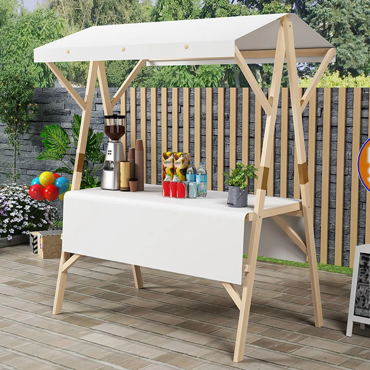 Mobile Marktstand Verkaufsstand, Tragbarer Wagen Mit Gestreiftem Sonnendach, Verkaufsstände Mit LED-Beleuchtung Für Märkte, Streetfood(White,150cm/59in)